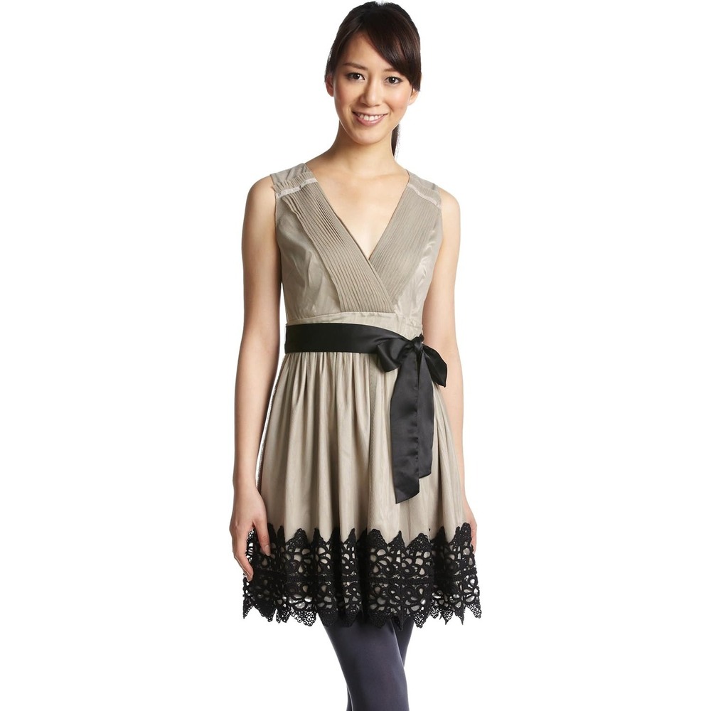 Darling London Womens Mesh Fit Flare Dress Champagne Black Lace Trim Size L